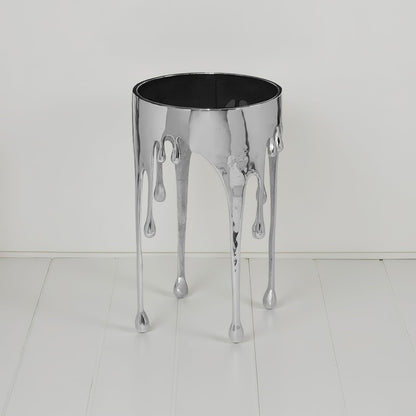 TUP THE URBAN PORT Capri Side End Table, 24.75 Inch Round Glass Top, Silver Finish, Melting Drip Design Base, Modern Glam Accent Table for Living Room, Bedroom and Home Decor Display