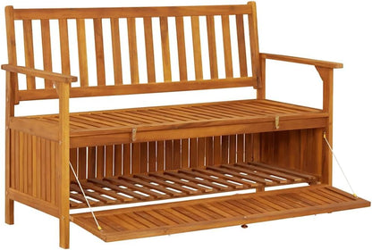 Patio Storage Bench 47.2" Solid Acacia Wood Outdoor Bench Seat with Armrests and Backrest, Garden Bench for Front Porch Furniture and Patio Furniture Storage