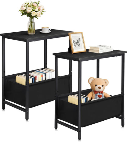 Small End Tables Set of 2, 2 Tier Side Tables with Fabric Storage Basket, Nightstands for Living Room, Bedroom, Office and Small Spaces, Black