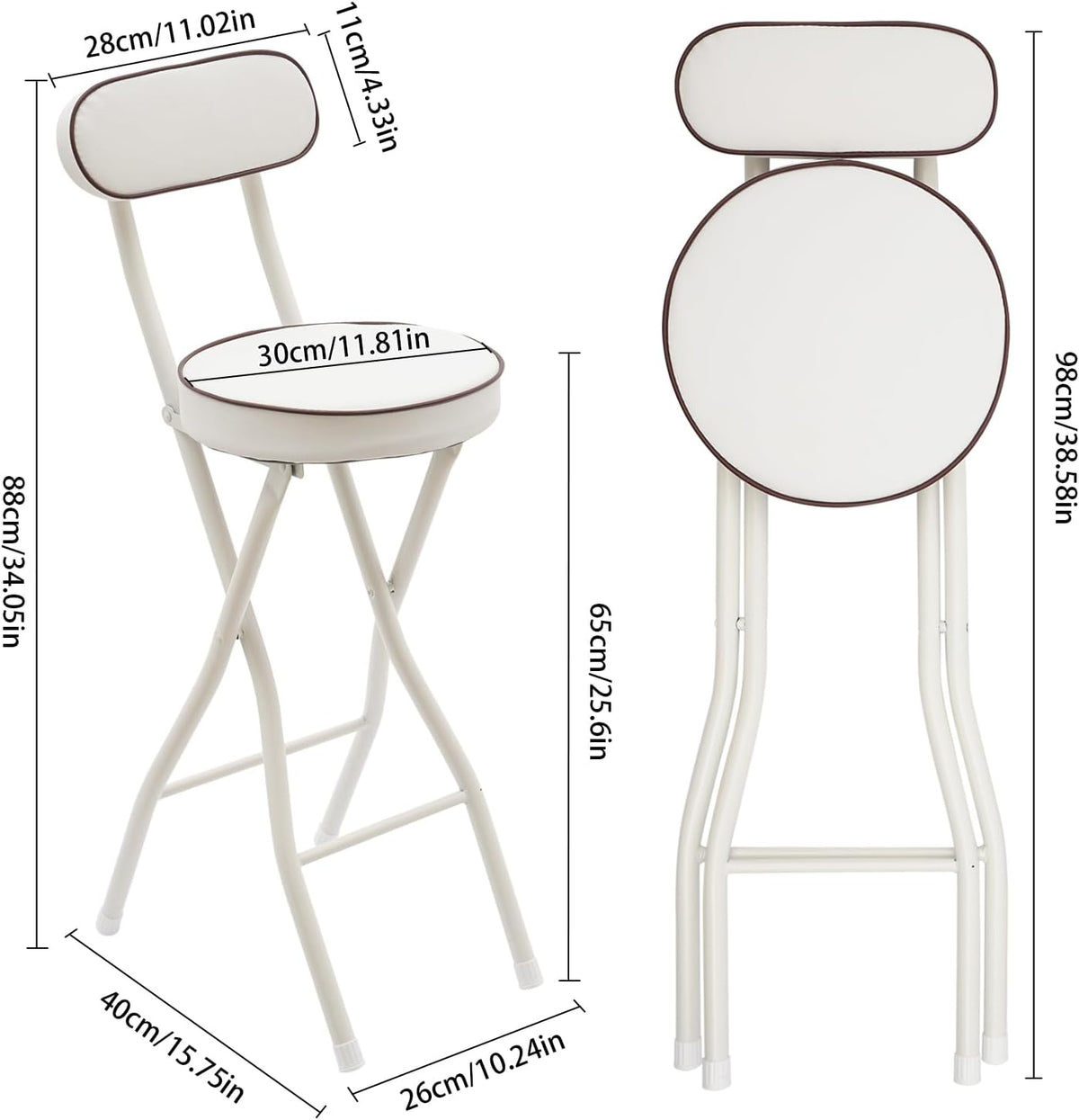 Folding Bar Stool with Backrest Set of 2, White Modern Foldable Counter Tall Chairs with PU Cushion, Portable Steel Frame 25.6" Height Stools for Kitchen Island Cafe
