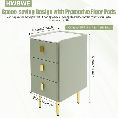 Narrow Nightstand with Drawers, Narrow Side Table Leather, Three-Layer Drawer Night Stand Small Bedside Tables for Living Room, Bedroom & Office (Green)