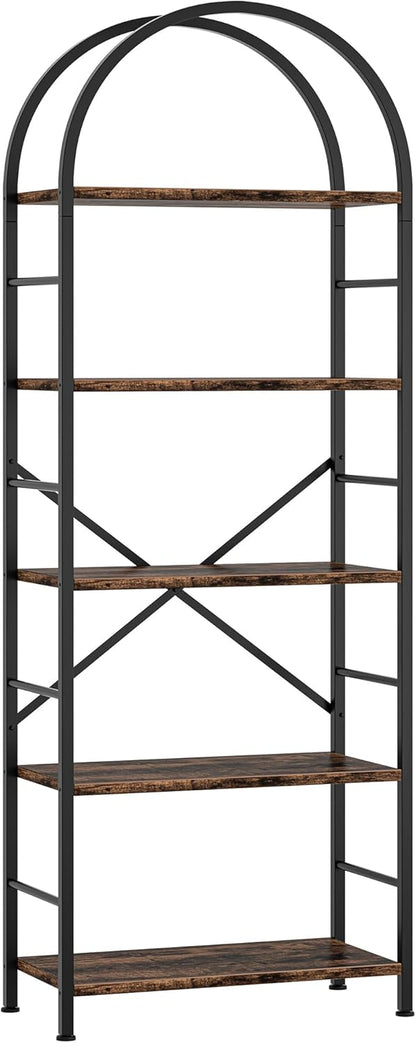 Shintenchi Bookshelf, Arched Bookshelf 5 Tier Bookcase, Tall Shelf for CDs/Books, Home Office Shelf Storage Organizer, Modern Book Shelf for Bedroom/Living Room, Rustic Brown