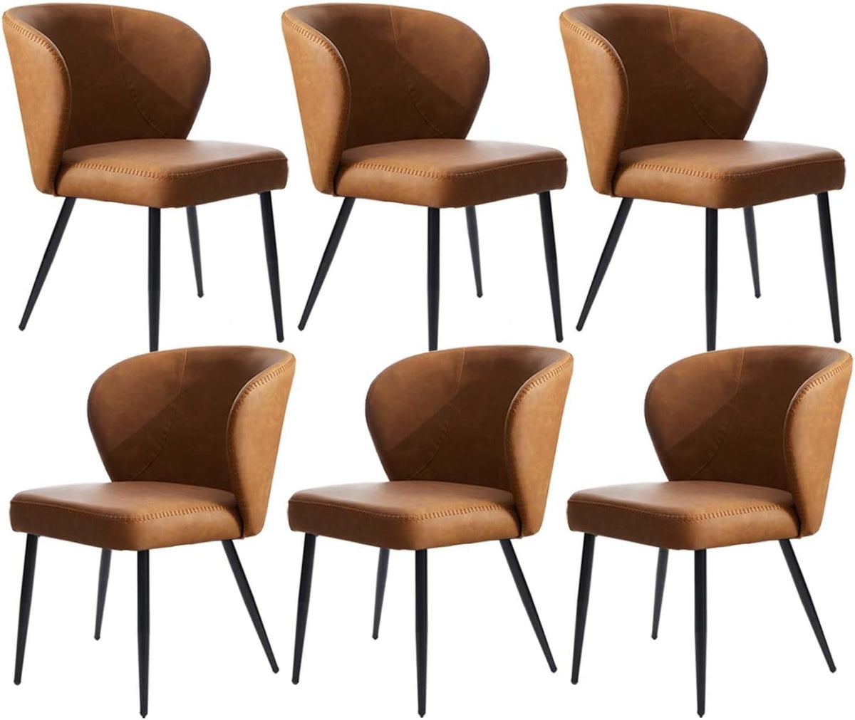 Brown Dining Chairs Set of 6, Modern Dining Chairs with Cushion Seat and Sturdy Metal Legs, Faux Leather Chair for Kitchen, Living Room