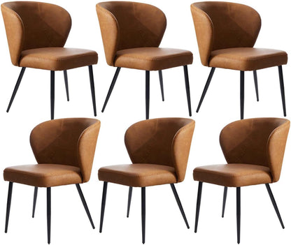 Brown Dining Chairs Set of 6, Modern Dining Chairs with Cushion Seat and Sturdy Metal Legs, Faux Leather Chair for Kitchen, Living Room