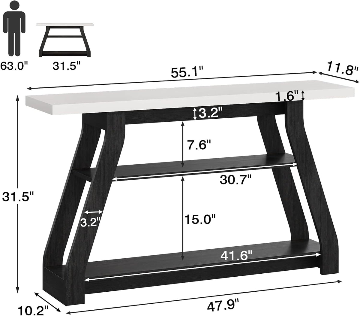 Console Table, 55-Inch Entryway Table with LED Light 3-Tier Narrow Wood Console Tables Behind Couch Sofa Tables for Living Room, Entryway, Hallway (Black+White)