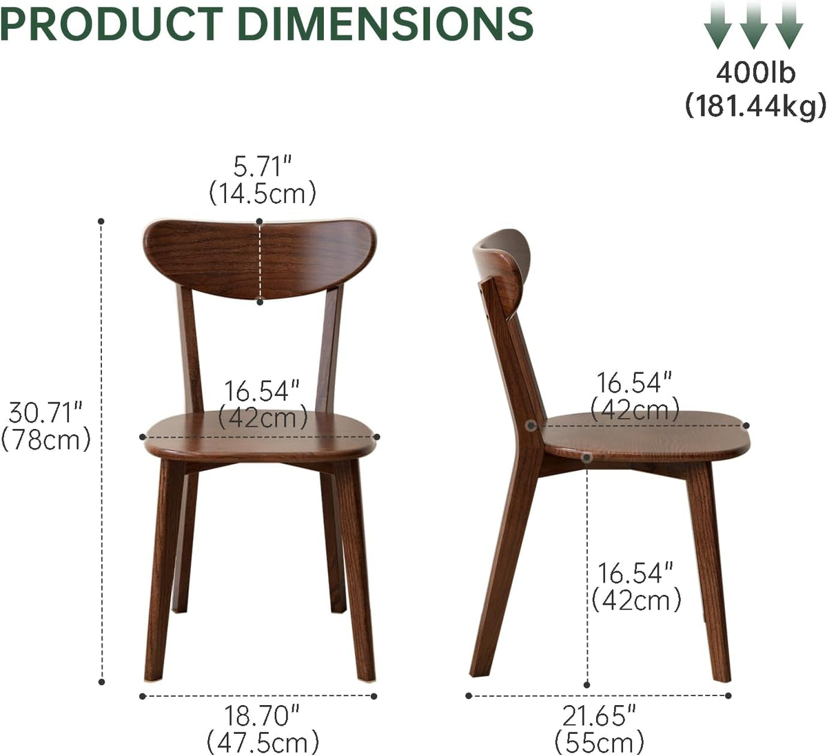 Dining Chairs, Kitchen Chairs, 100% Oak Solid Wood Modern Chair with Curved Backrest Kitchen & Dining Room Chairs Modern Chair for Living Room (Walnut, 6 Pack)