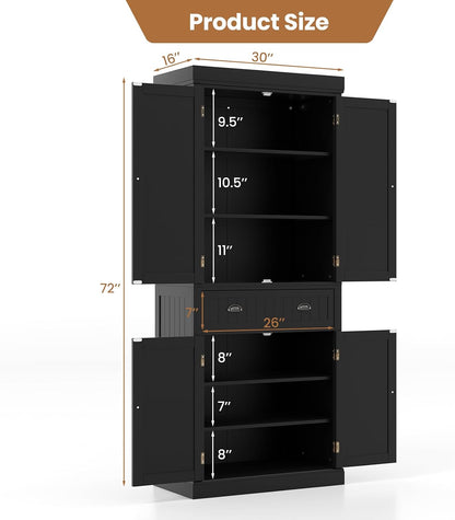 Giantex Pantry Organizers and Storage, 72" Tall Kitchen Cabinet with 2-Door Cabinets & Drawer, Buffet Sideboard w/Adjustable Shelves, Wooden Freestanding Cupboard for Dining Room Living Room (Black)