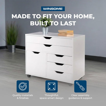 Winsome Halifax Mobile Storage Cabinet with 1 Door & 5 Drawers, White | Stylish & Functional Home Storage Cabinet for Filing, Kitchen Organization, Moveable Furniture for Office, Dorms, Apartments