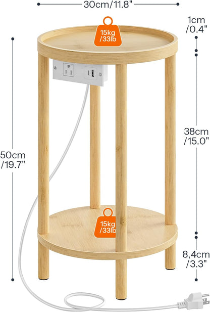 HOOBRO Small Round Side Table with Charging Station, 2-Tier Round Bamboo End Table, Compact Sofa Bedside Table for Small Space, Easy Assembly, for Living Room, Bedroom, Apartment, Natural YL156UBZ01