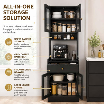 71" Kitchen Pantry Hutch Storage Cabinet with Microwave Stand, Farmhouse Freestanding Buffet Sideboard with Coffee Bar, Tall Wood Cupboard for Kitchen Dining Room (Black)