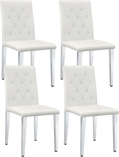 White Dining Chairs Set of 4, Faux Leather, Silver Metal Legs | Button-Tufted Upholstered Parsons Chairs with Padded Seats for Dining Room, Kitchen, Apartment, or Restaurant Use