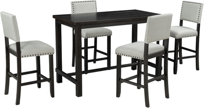 Merax 5 Pieces Counter Height Dining Set, Elegant Wooden Desk and 4 Upholstered Chairs, Perfect for Kitchen, Breakfast Nook, Bar, Living Room