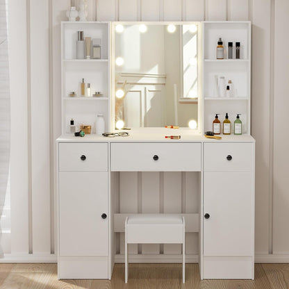 White Dressing Table with Mirror and Lights, Makeup Vanity Desk with 3 Drawers & 2 Large Cabinet, Large HD Mirror, 3 Color Modes & Adjustable Brightness, Modern