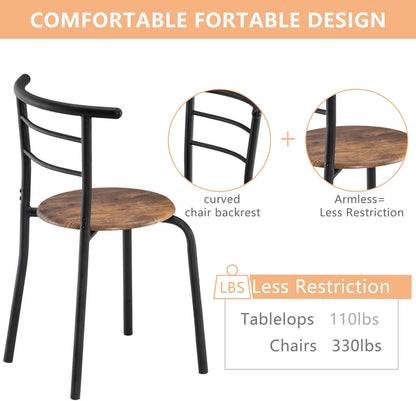 VINGLI 3 Piece Dining Set, Small Kitchen Table Set for 2, Breakfast Table Set, Kitchen Wooden Table with 2 Chairs for Small Space/Dining Room/Apartment, Metal Frame, Wine Rack, Burnt Brown