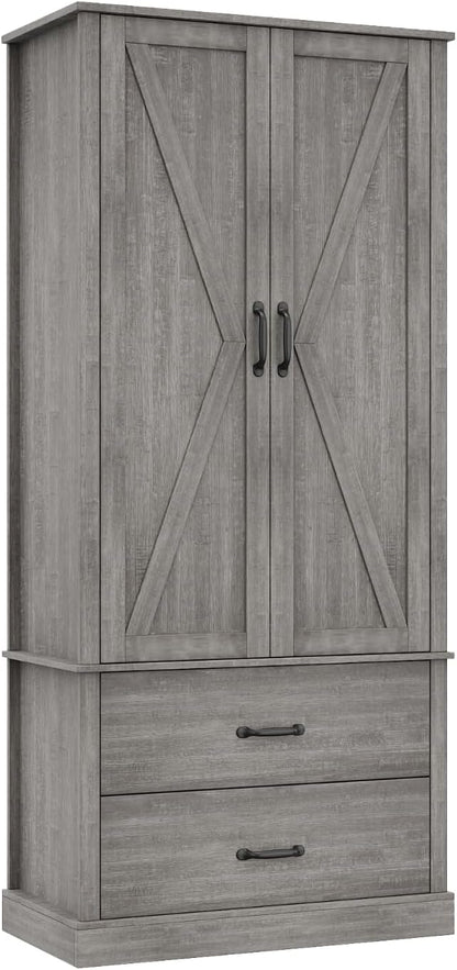 65" Tall Kitchen Pantry Cabinet with Barn Doors, Drawers & Adjustable Shelf, Farmhouse Storage Cabinet with Doors and Shelves for Kitchen Pantry Storage Cabinet, Dining Room, Laundry & Entryway, Grey