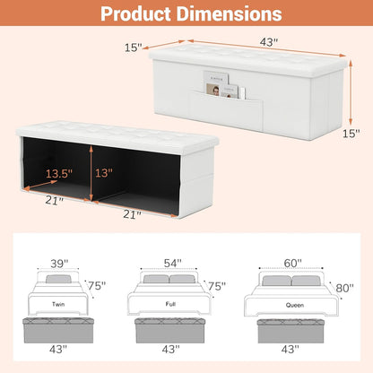 43 Inches Folding Storage Ottoman Bench, Foldable Foot Rest Stool End of Bed Bench with Side Pocket, Storage Chest for Living Room, Entryway & Bedroom (White)