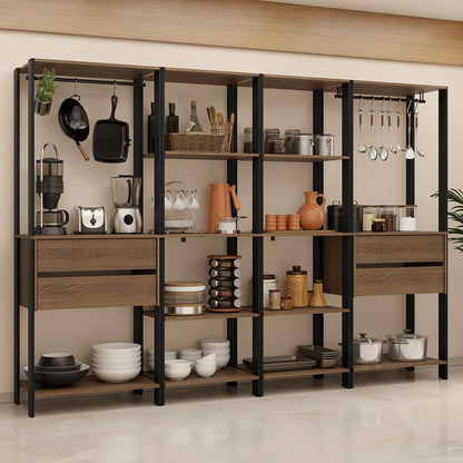 Madesa Kitchen Pantry Storage Rack with 4 Drawers, Open Shelves and Hanging Spaces 102" L Multiuse Modular Cabinet for Kitchen Organization - Black/Brown