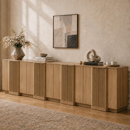 Brafab Buffet Cabinet, 110" Modern Farmhouse Accent Sideboard Cabinet with 8 Doors, Wood Fluted Credenza for Living Room and Kitchen, Natural Oak