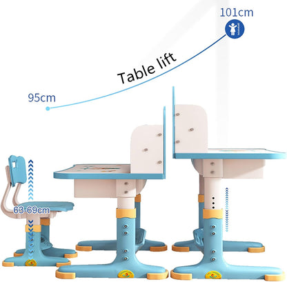 Kids Desk and Chair Set,Height Adjustable Study Table with Storage Drawer Ergonomic Seat Cartoon Pattern Widened Desktop for Children Aged 3-16 Years Old Blue