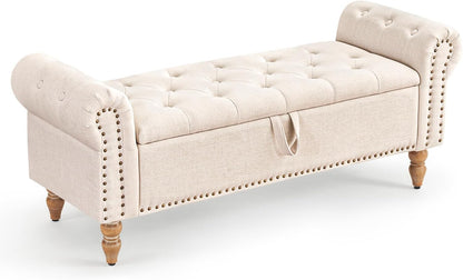 Furniliving 51” Storage Benches, End of Bed Bench with Button-Tufted Large Upholstered Storage Ottoman Linen Window Bench with Storage Shoe Cabinet Bench, for Bedroom, Entryway, Closet, Beige