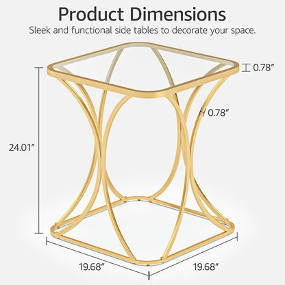 19.68" Square End Table with Tempered Glass Top, Stylish X-Shaped Metal Frame, Living Room Coffee Table, Sofa Side Table, Accent Tables for Small Spaces, Modern Bedside Table (Gold)