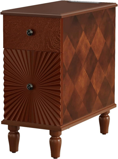 Narrow End Table with Charging Station，Modern Sofa Side Table with 2 Drawers，Narrow Side Tables with Storage Cabinet, Wood Slim Nightstand, End Tables for Living Room, Bedroom