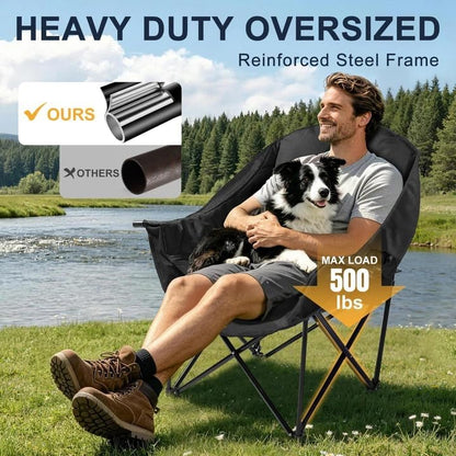 Oversized Camping Chairs for Adult - Heavy Duty Padded Portable Folding Chair XL Collapsible Camp Chair with Cup Holder Side Pocket for Outdoor Lawn Beach Sport Fishing Support 500LBS, Black