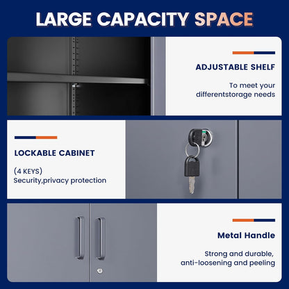 Yizosh Metal Storage Locking Cabinet with 4 Doors and 2 Adjustable Shelves,71" Lockable Garage Tall Steel Cabinet,for Home Office,Living Room,Pantry,Gym,Commercial Storage (Gray Black)
