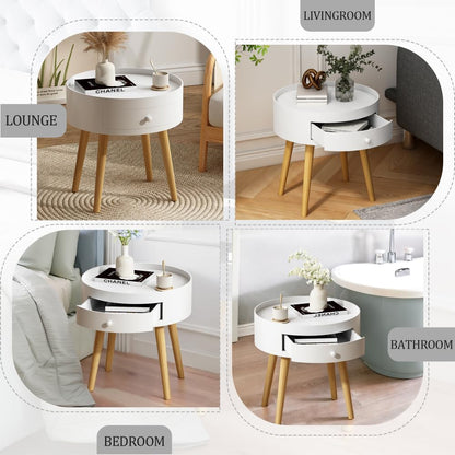 18" H Modern Nightstand with Storage Drawer & Oak Legs Bedside Table, Sofa Side Coffee Table for Bedroom, Living Room (White + MDF)