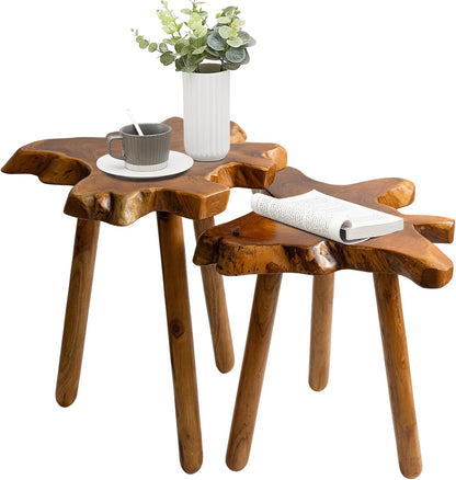 Natural Teak Wood Live Edge Side Table with Wood Legs – Rustic Side Table for Living Room, Bedroom – Sturdy Real Teak Wood End Table, Easy to Assemble (14"x16"x20" +18"x20"x20")