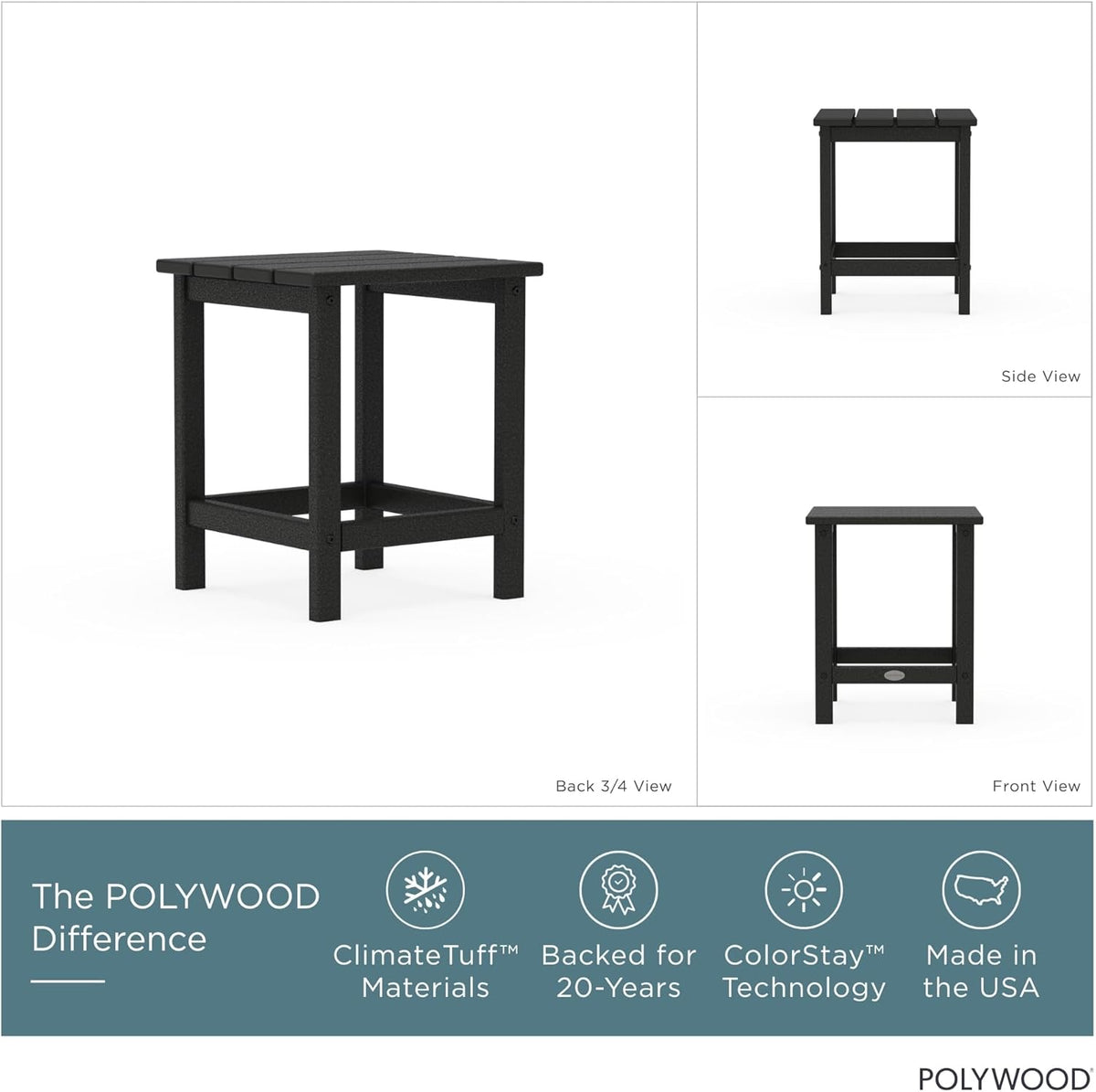 POLYWOOD Long Island 18" Side Table, Black