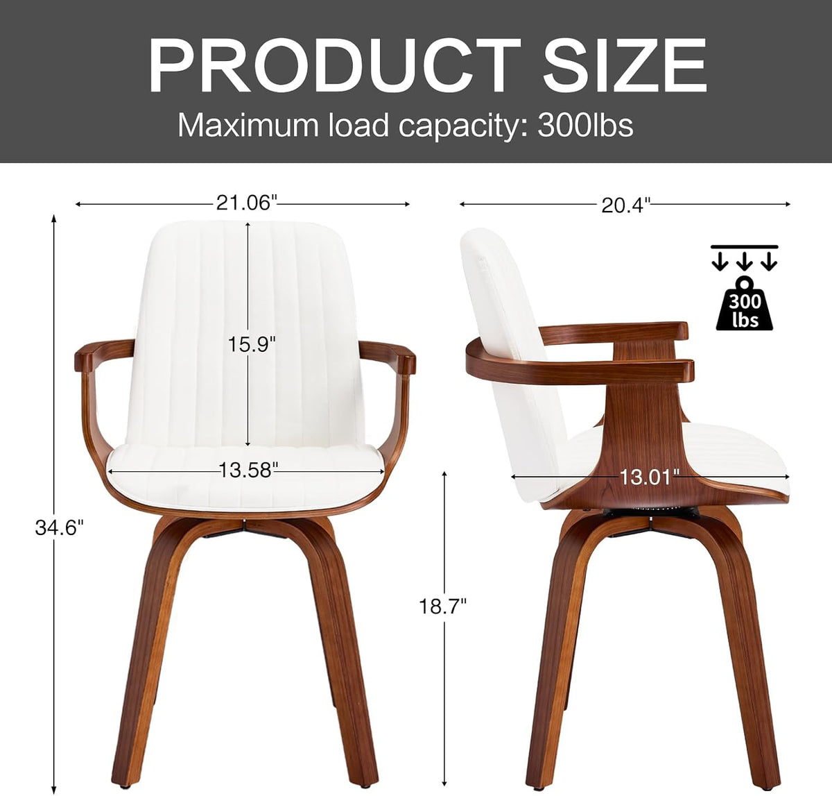 VipDesk Swivel Dining Chairs Set of 2 - Mid Century Modern Kitchen Chairs for Dining Room, Upholstered PU Leather Chairs with Walnut Arms and Legs, White