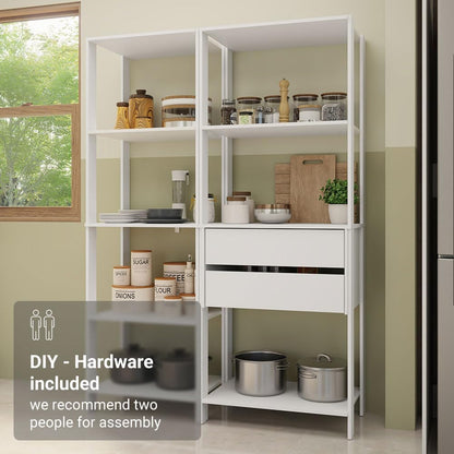 Madesa Kitchen Pantry Storage Rack with 2 Drawers and Open Shelves 51" L Multiuse Modular Cabinet for Kitchen Organization - White