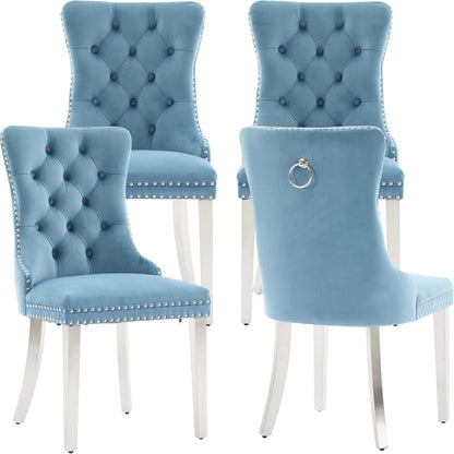 Velvet Dining Chairs Set of 4, Tufted Upholstered High Wingback Chairs with Nailhead Trim & Pull Ring, Silver Stainless Steel Legs for Dining Room, Sillas de Comedor, Light Blue