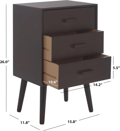 SAFAVIEH Home Collection - Pomona Dark Chocolate Nightstand, 3-Drawer Accent Table, Mid-Century Storage Cabinet (CHS5700E)
