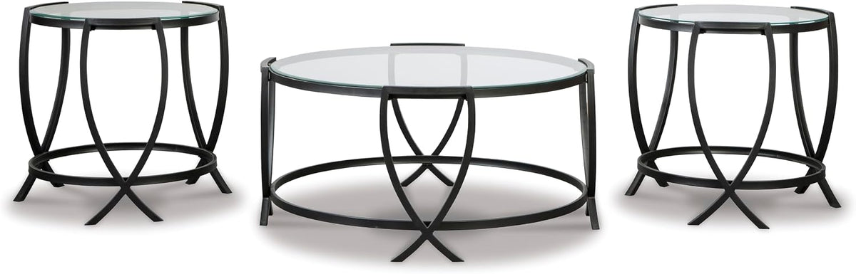 GTU Furniture Contemporary Glass Round 3-Piece Coffee Table Set, Cocktail Table with 2 Matching End Tables, Black Finish for Living Room