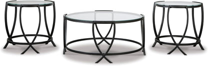 GTU Furniture Contemporary Glass Round 3-Piece Coffee Table Set, Cocktail Table with 2 Matching End Tables, Black Finish for Living Room