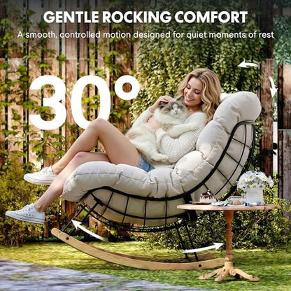 FLEXISPOT Oversized Outdoor Rocking Chair with Thick Cushion, Beige | Thick Cushioned Seat, Bonus Pillow, Modern Patio Papasan Rocker, Metal Frame Wood Base, For Porch Balcony Living Room