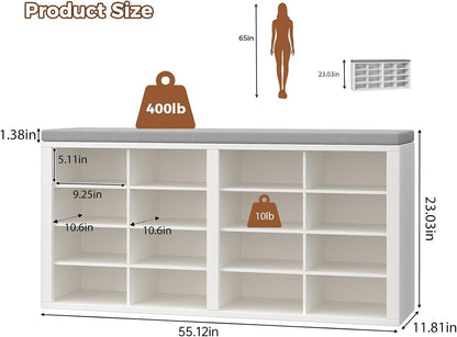Shoe Storage Bench with Cushion Shoe Rack for Entryway 16 Cubby Multifunctional Organizer Bench Entryway with Soft Sponge Cushion for Hallway Living Room Bedroom (White & Light Gray)