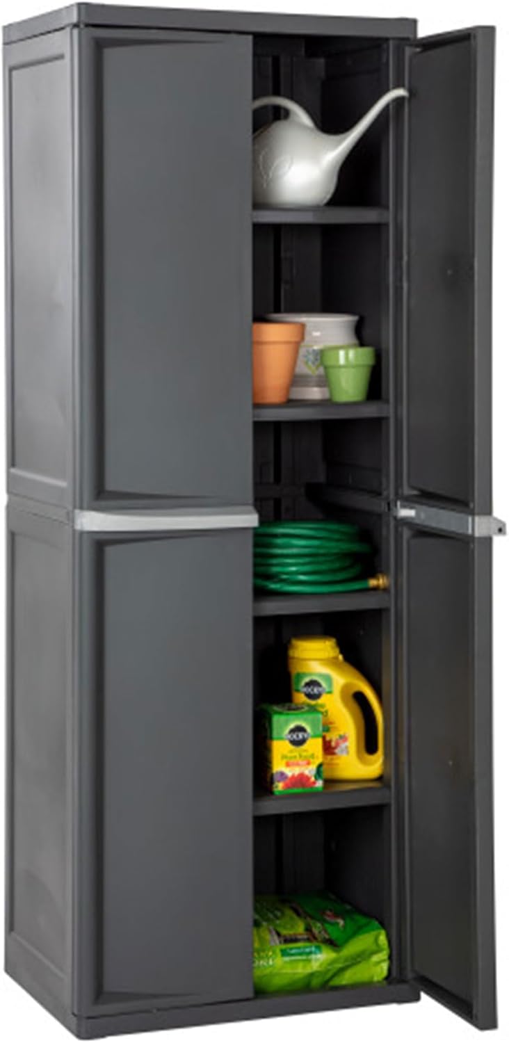 Sterilite 4 Shelf Cabinet, Lockable Utility Storage w/ Adjustable Shelves, Gray - Plastic Shelving Unit for Organizing Garage, Pantry, Basement, Laundry Room or Mudroom