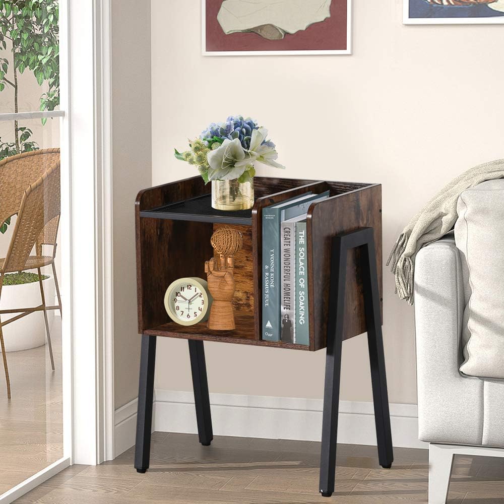 VECELO Night Stand Industrial End Table,Bedside Table with 2-Tier Open Storage Compartments,Wood Side Table with Metal Frame for Bedroom, Living Room and Small Spaces
