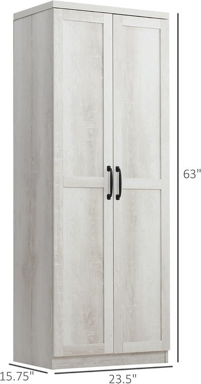 63" 2-Door Kitchen Pantry, Freestanding Storage Cabinet with 5-Tier Shelving and 2 Adjustable Shelves for Dining Room, Antique White