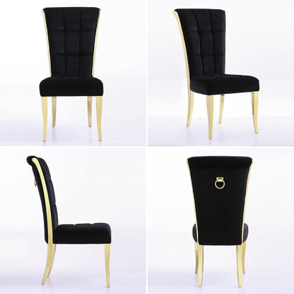 ACEDÉCOR Black and Gold Dining Chairs, Black Velvet Upholstered Chairs with Ring Pull, High Back Dining Chairs with Polished Gold Legs(Set of 2)