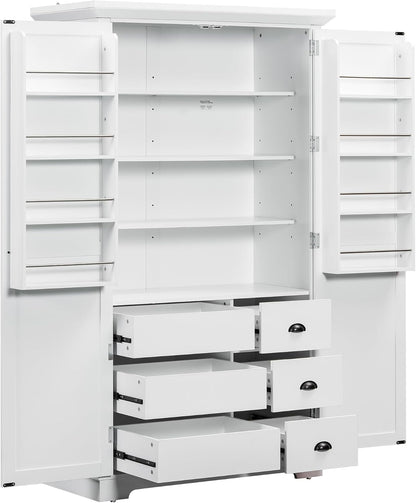 roomfitters 72" Kitchen Pantry Organizers and Storage Kitchen Cabinet, Hutch with Door Spice Racks and 6 Drawers, White