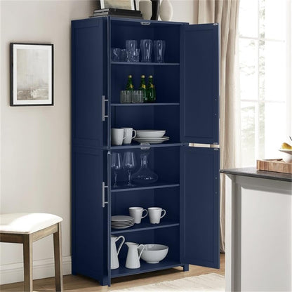Pemberly Row Traditional Wood Kitchen Storage Pantry, Navy Finish, MDF and Birch Veneer, 67" H x 28" W x 15" D, Adjustable Shelves, Shaker-Style Doors, Brushed Nickel Hardware, Home and Kitchen