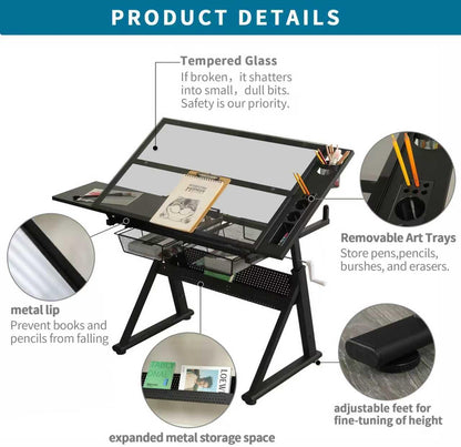 Adjustable Drawing Table for Artists | Drafting Desk with Tilted Glass Top | Art & Craft Table for Adults (Black, Smart Upgrade-29.52’’- 37.8'' H)