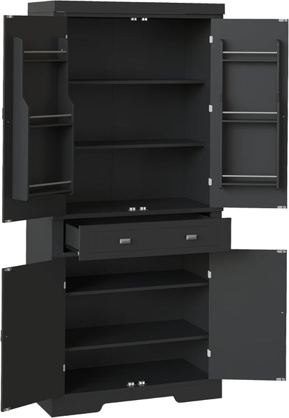 72" Kitchen Pantry Storage Cabinet, Utility Freestanding Food Pantry with 2 Drawer & 6 Door Shelves, Modern Wood Tall Cupboard with 4 Adjustable Shelves for Dining Room, Living Room, Kitchen,Black