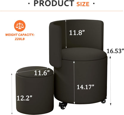 Round Vanity Chair with Storage, Rolling PU Leather Swivel Work Makeup Stool Chair with Folding Back, Upholstered Ottomans for Bedroom Living Room