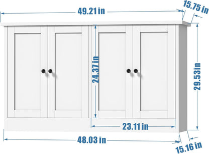 holzart White Buffet Cabinet with Storage, 49" Modern Kitchen Sideboard with 4 Doors & Adjustable Shelves, Wood Coffee Bar Cabinet Console Table for Dining Room, Living Room, Entryway