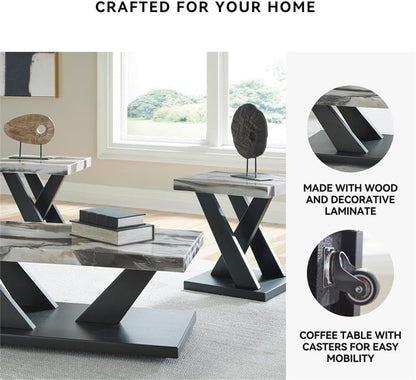 BOWERY HILL Coffee Table Set, 3-Piece, Faux White Marble Tops, Black Wood Frames, Built-in Casters, Includes 1 Coffee Table and 2 End Tables, Contemporary Living Room Furniture Set